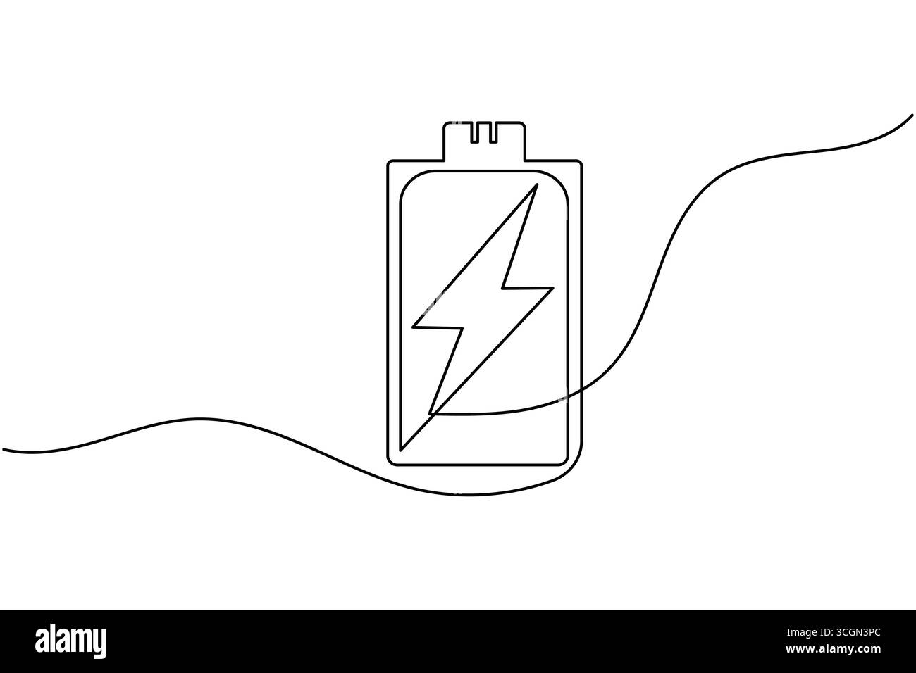 Charging battery icon continuous one line drawing with lightning bolt on white background Stock Vector