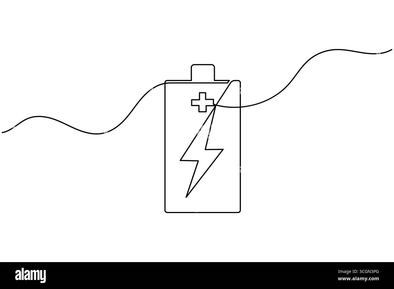 Charging battery icon continuous one line drawing with lightning bolt on white background Stock Vector