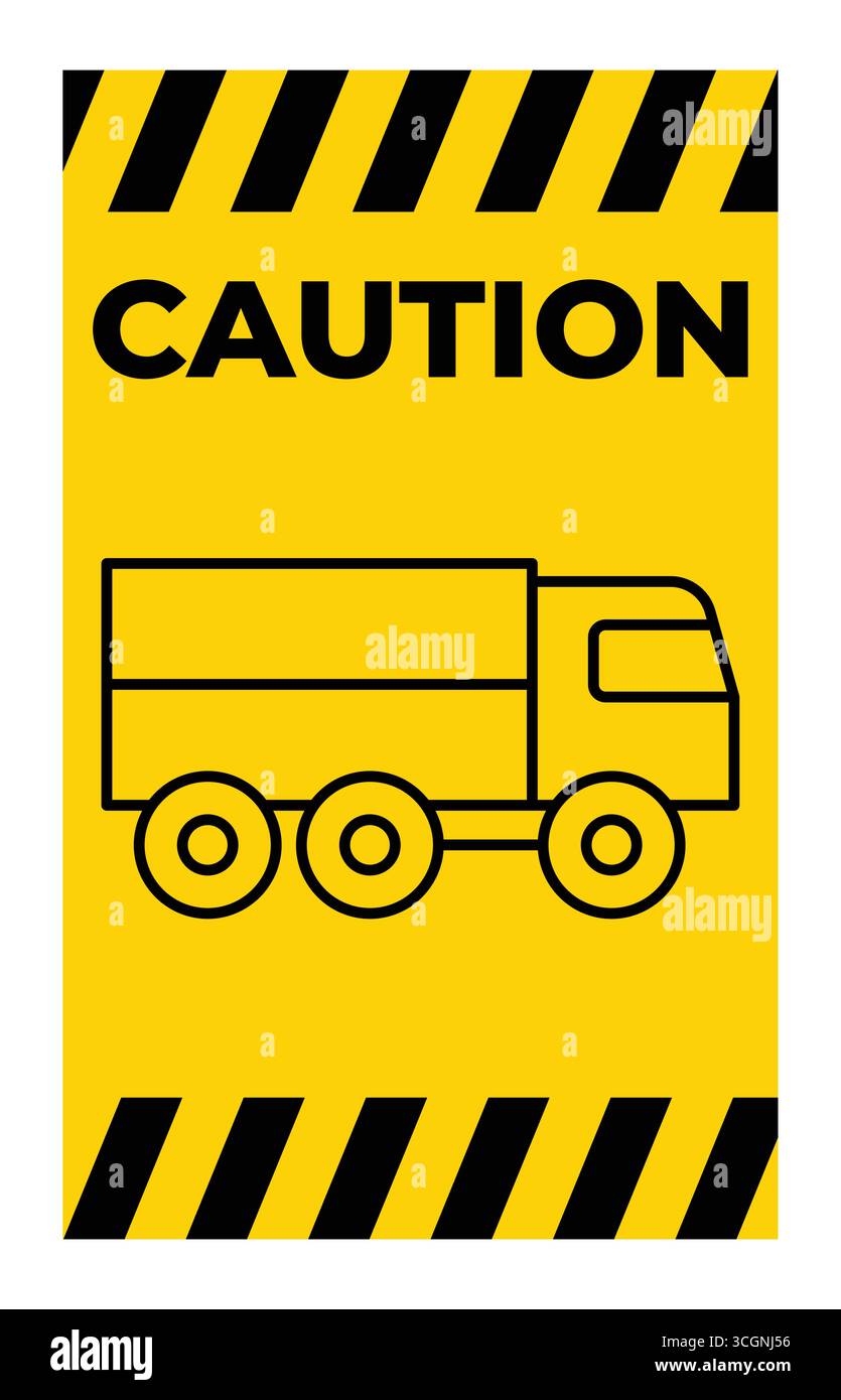 Bright yellow caution sign featuring a simple truck illustration. Ideal for safety awareness in transportation and construction environments. Stock Vector
