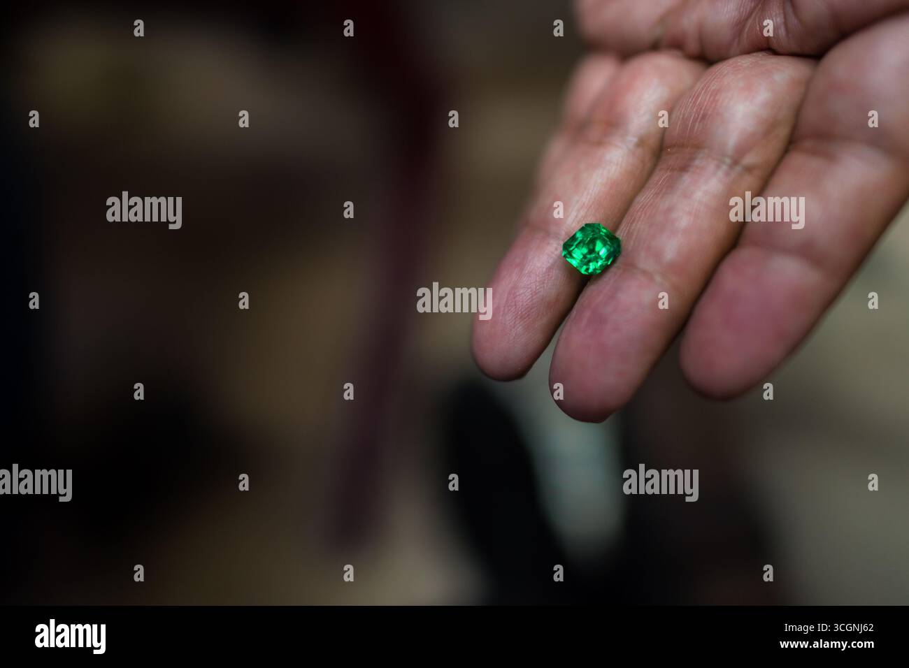 A precision-cut and polished emerald from the Muzo mines is seen in the gem trader's hand in an emerald cutting workshop in Bogotá, Colombia. Stock Photo