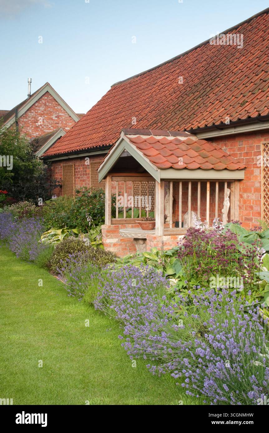 A serene countryside garden features vibrant lavender blossoms and a ...