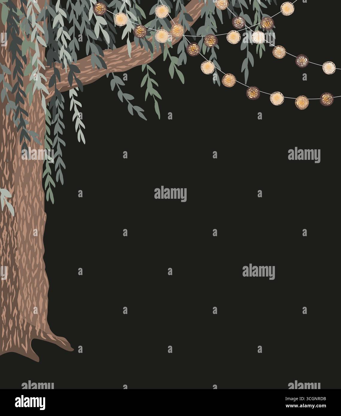 Green weeping willow tree and thread ball garlands vertical corner frame isolated on dark background. Corner tree branches border vector Stock Vector