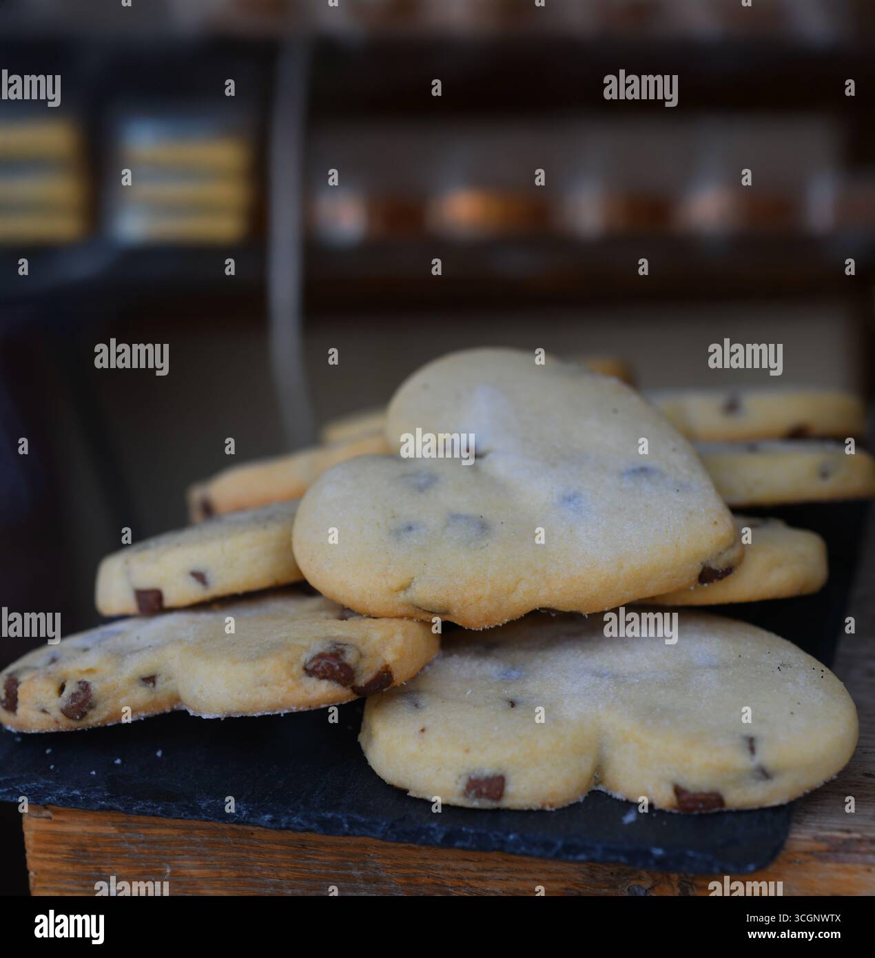Love heart biscuits in bakery Stock Photo