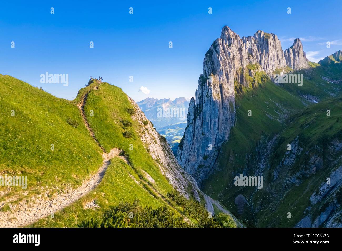 Aerial view of Saxer Lucke at sunset. Canton of Appenzell, Alpstein, Switzerland. Stock Photo