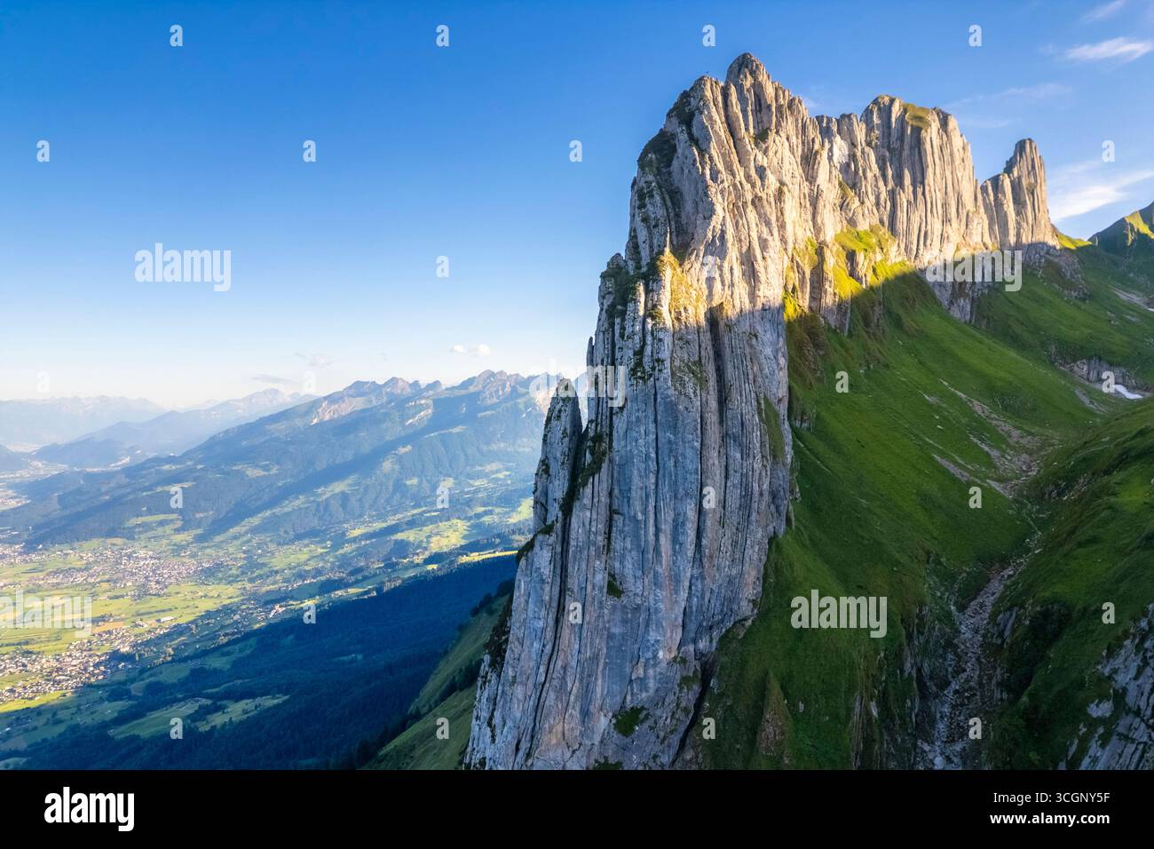 Aerial view of Saxer Lucke at sunset. Canton of Appenzell, Alpstein, Switzerland. Stock Photo