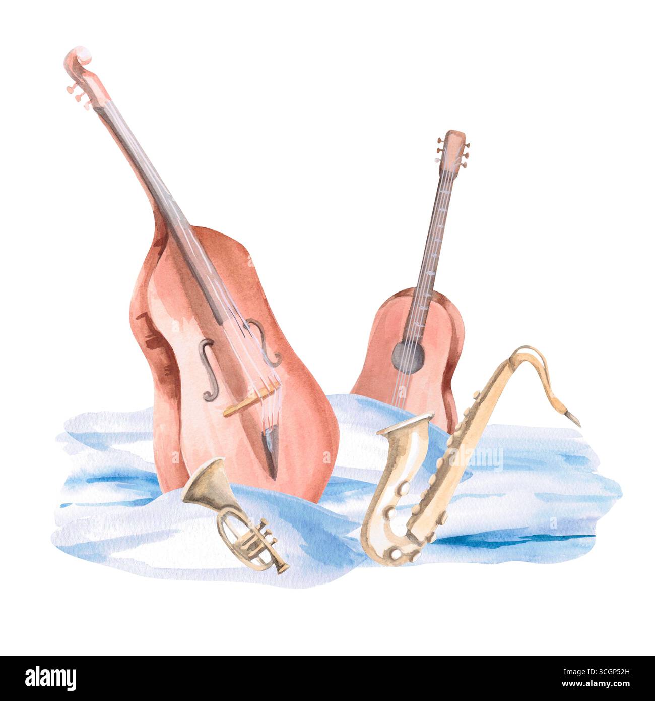 Quartet of musical instruments in the snow. Isolated watercolor ...