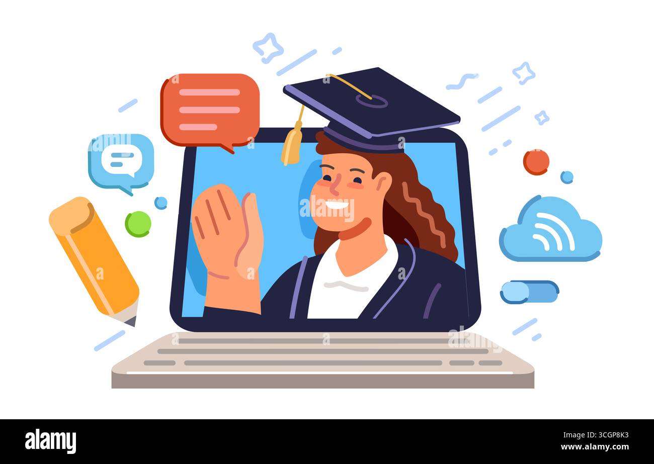 Teacher conducts webinar, lesson on laptop screen. E-learning, virtual training. Online education, remote learning Stock Vector