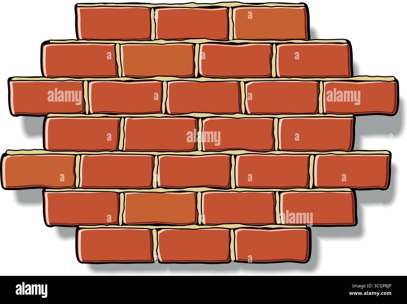 Cartoon red brick wall fragment. Vector on transparent background Stock Vector