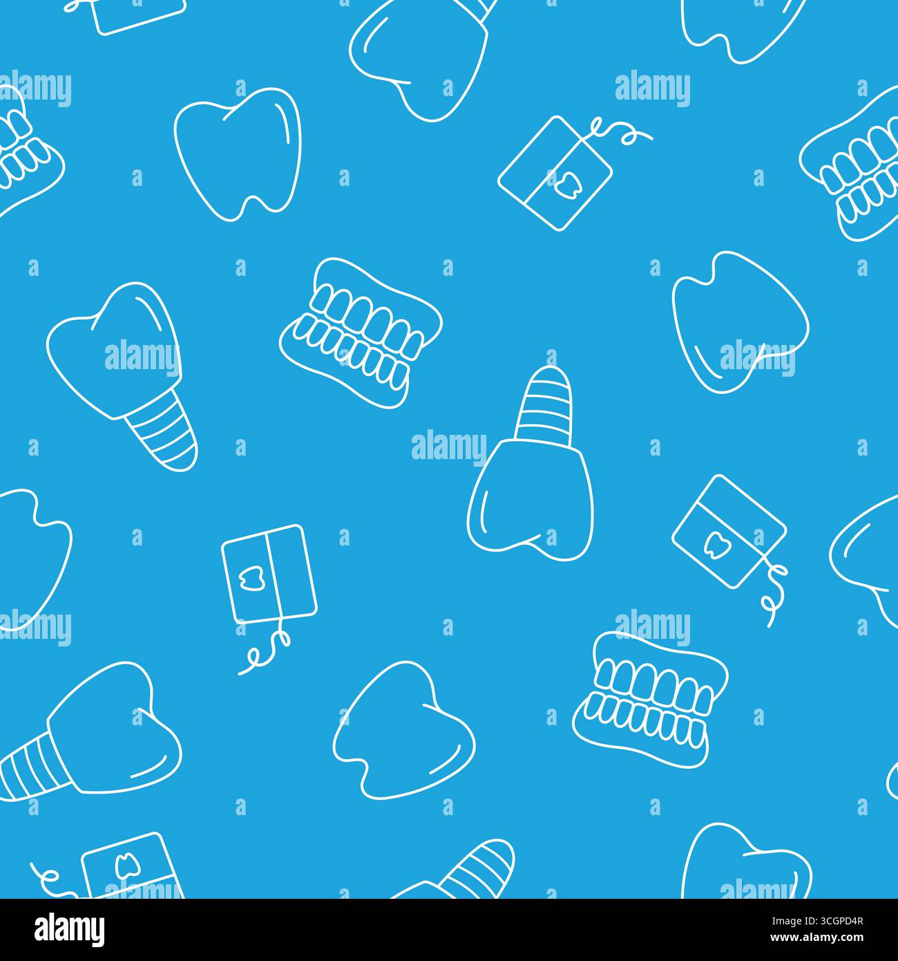 Vector seamless pattern with dental elements — teeth, implants, dentures, and dental floss on blue background. Stock Vector