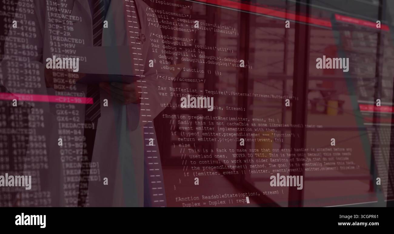 Viewing suited professional analyzing reflected code on glass wall in office with blinds binders Stock Photo
