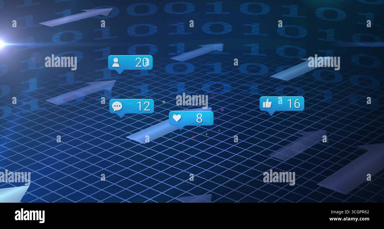 Displaying social media notification icons moving over blue grid, with binary code and arrows Stock Photo