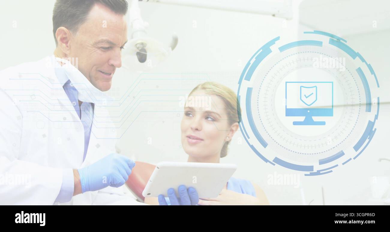 Dentist in coat explaining data in dental clinic using tablet and interface graphic, copy space Stock Photo