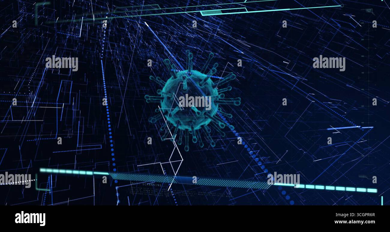 Hovering virus-like spherical model projecting spikes within virtual data net, with glowing lines Stock Photo