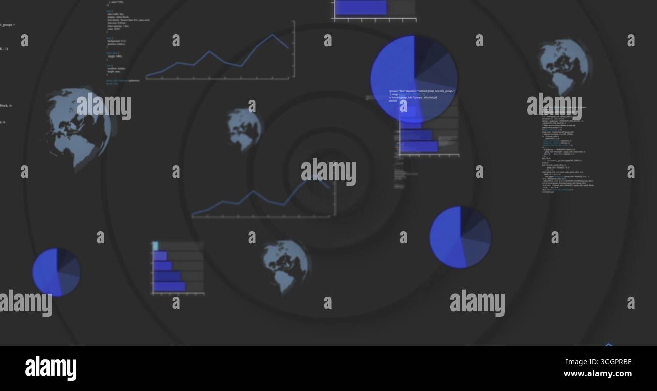 Displaying line graphs, pie charts, bar chart on dashboard with globe ...