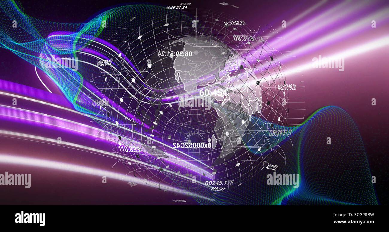 Rendering translucent 3D globe rotating in digital dataverse, showing grid lines and neon waveforms Stock Photo