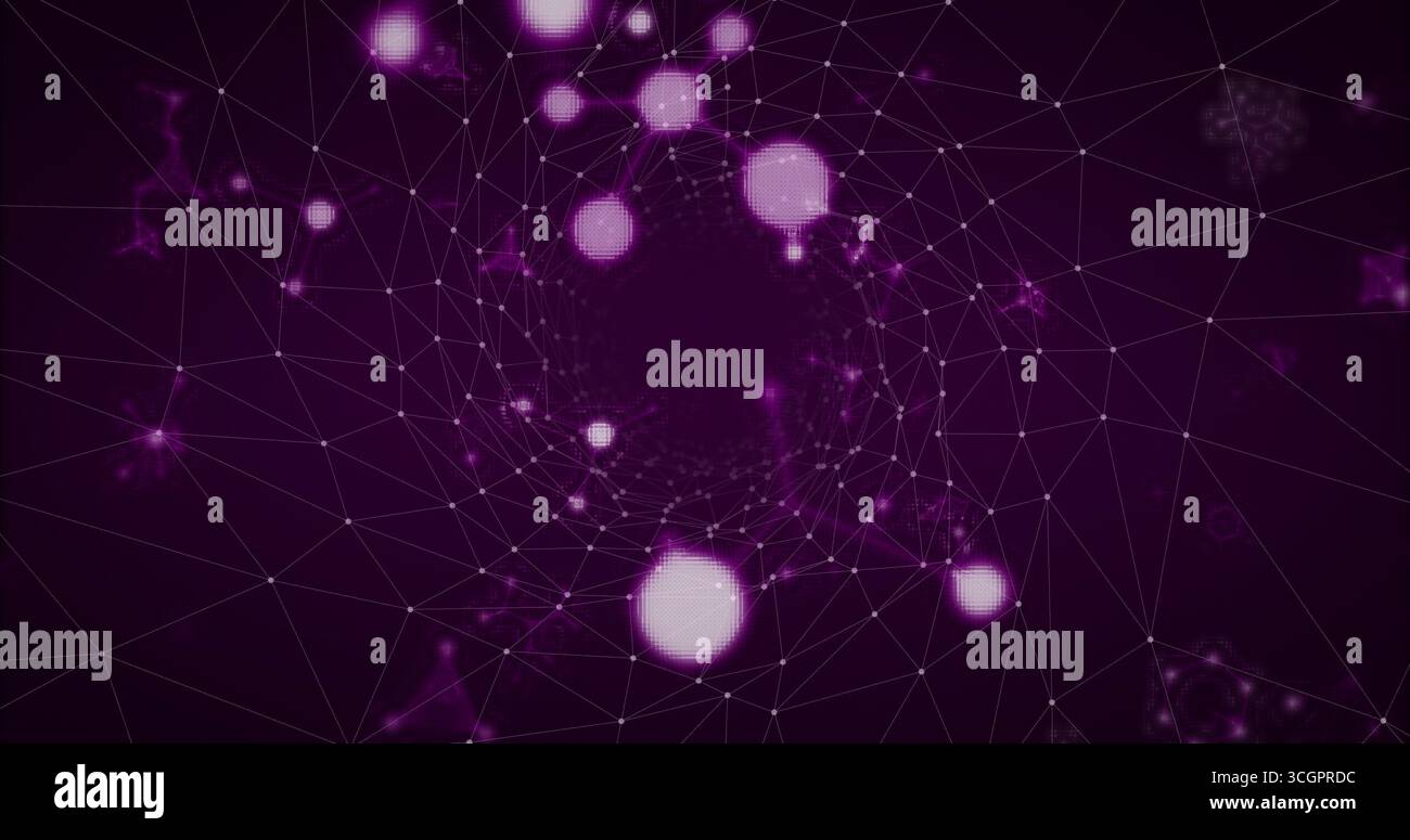 Displaying wireframe mesh converging into vortex in cyberspace, with glowing nodes and particles Stock Photo