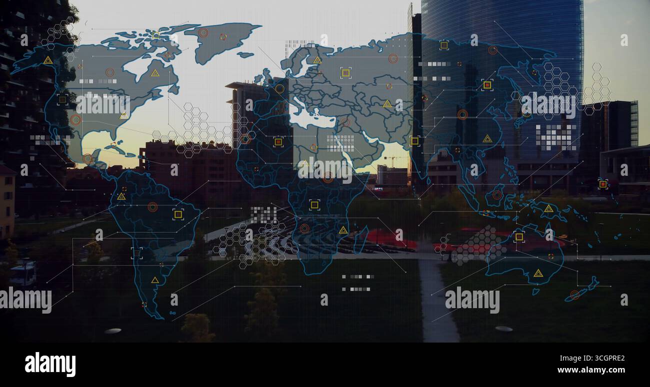Displaying digital world map overlay across park at dusk, with hexagonal grids, data nodes Stock Photo
