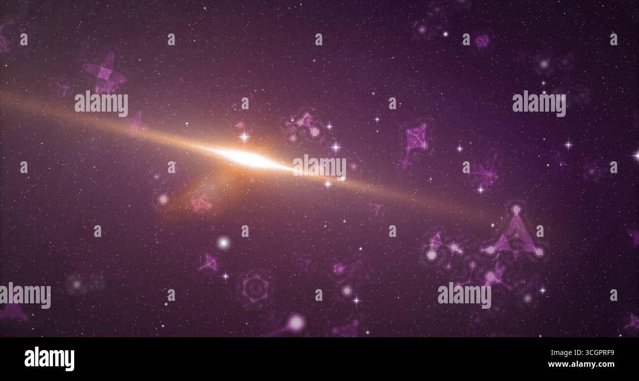 Displaying central galactic core glowing across deep-space vista, with stars and geometric symbols Stock Photo