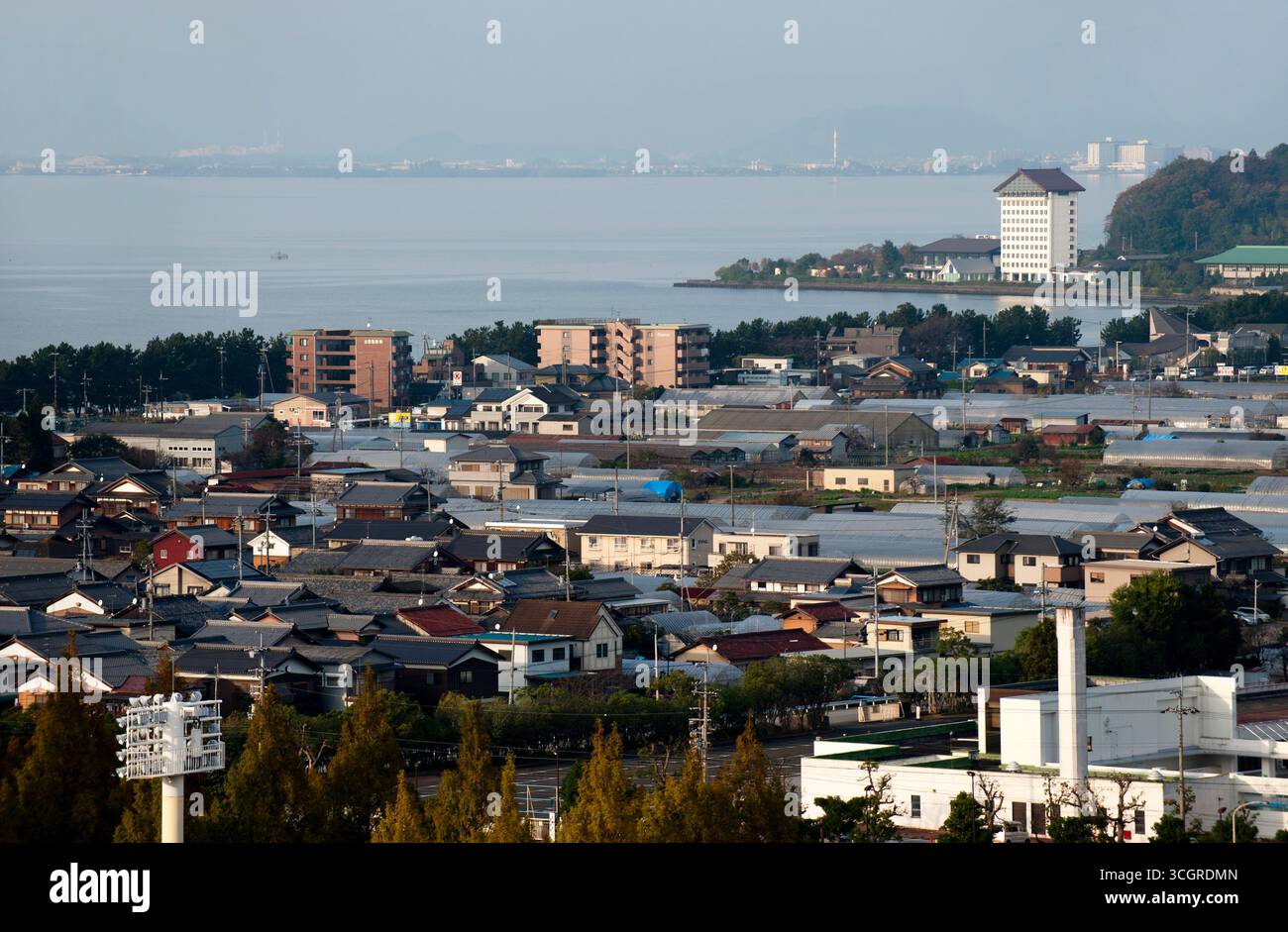 Bird's-eye view of Hikone city and Lake Biwa, Japan's largest lake, as ...