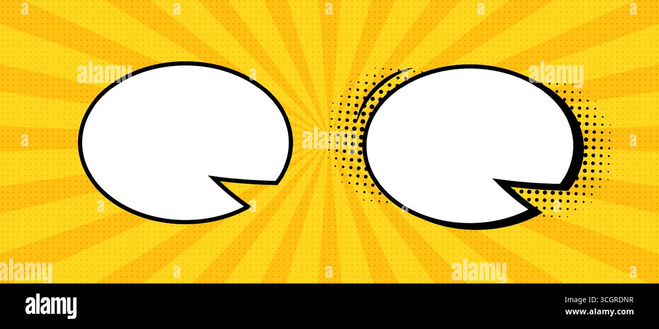 Empty comic speech bubbles with a semitone on a yellow background with rays. Stock Vector