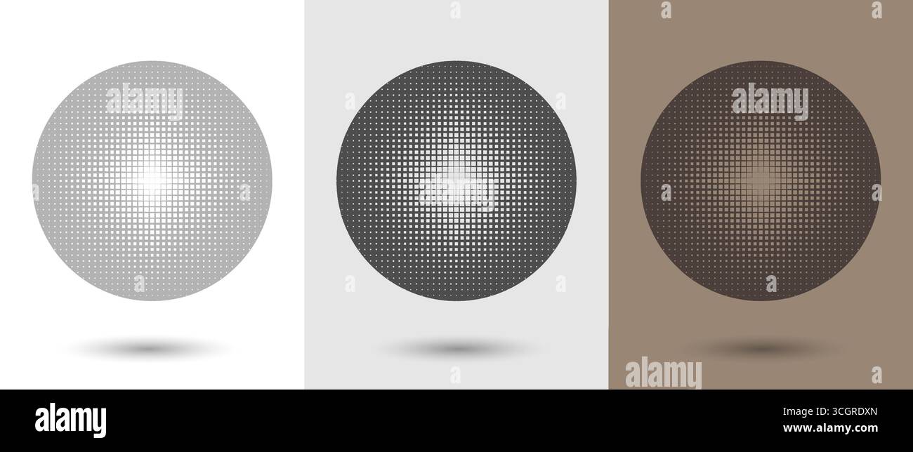 A set of spheres with gradient halftone dots and shadows on a white, gray, and brown background. Stock Vector