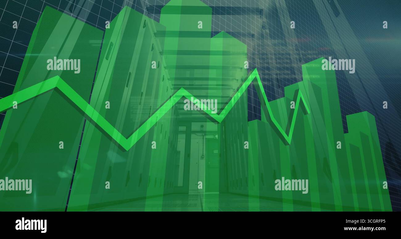 Server Rack Graph Visualizing green 3D bar chart and zigzag line graph in server rack ...