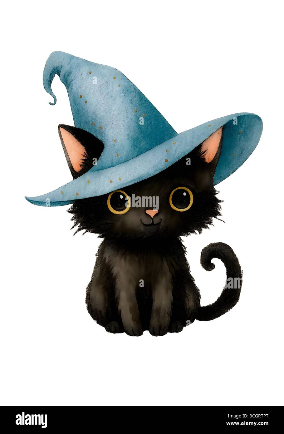 Cute Black Halloween Cat in Witch Hat Watercolor Illustration Stock ...