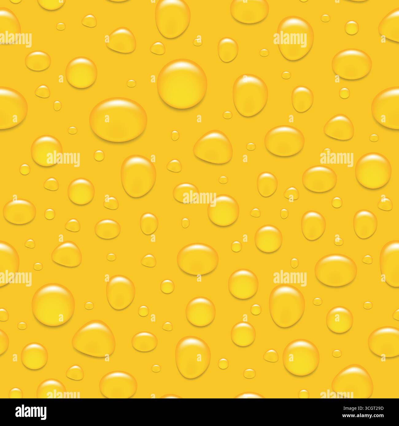 Seamless Water Drops Pattern. Realistic Water Drops on Yellow Background. Vector Water Drops Design for Wallpaper, Packaging, Wrapping Paper, Surface Stock Vector