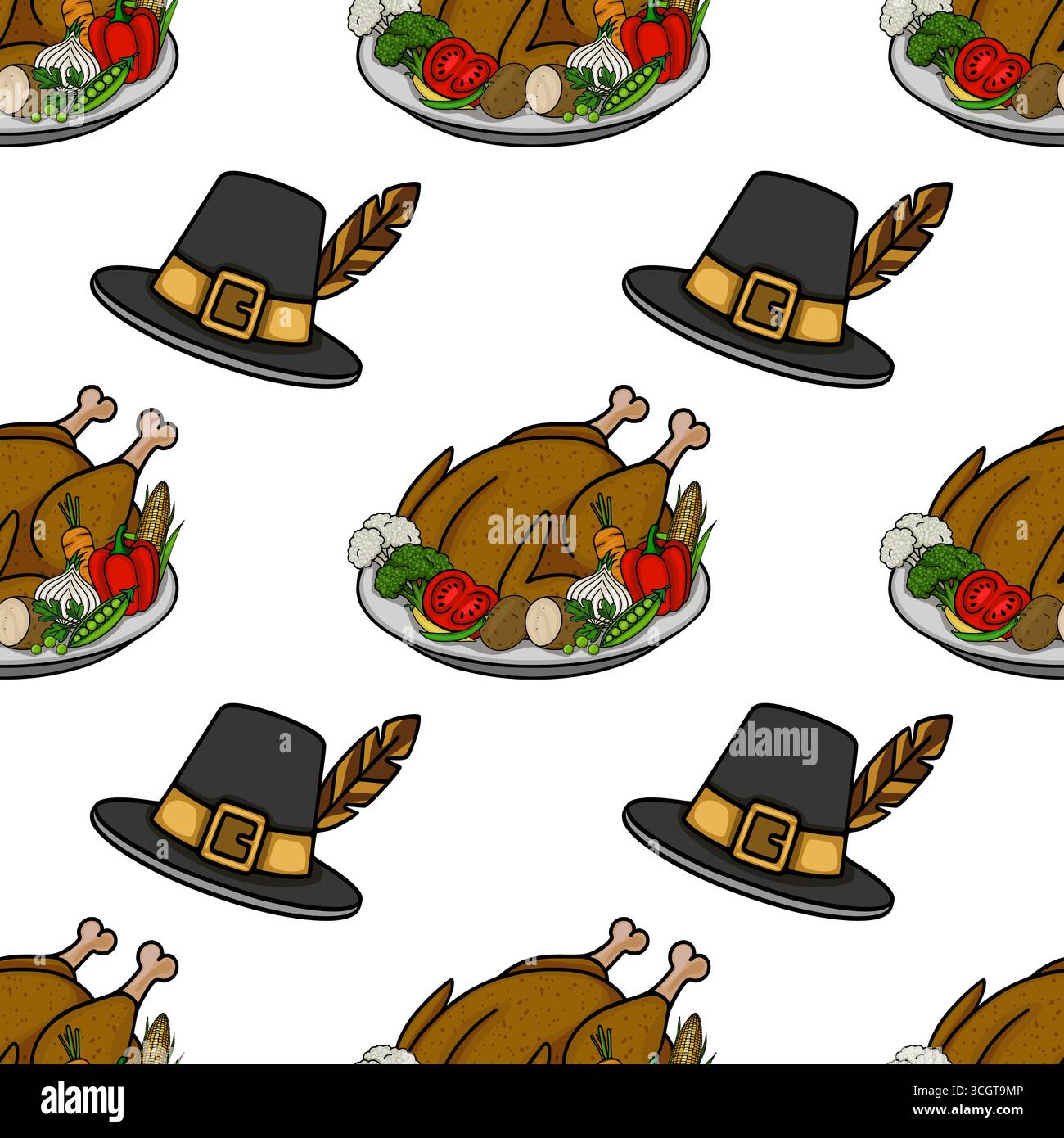 Seamless vector pattern featuring roasted turkey with Thanksgiving ...