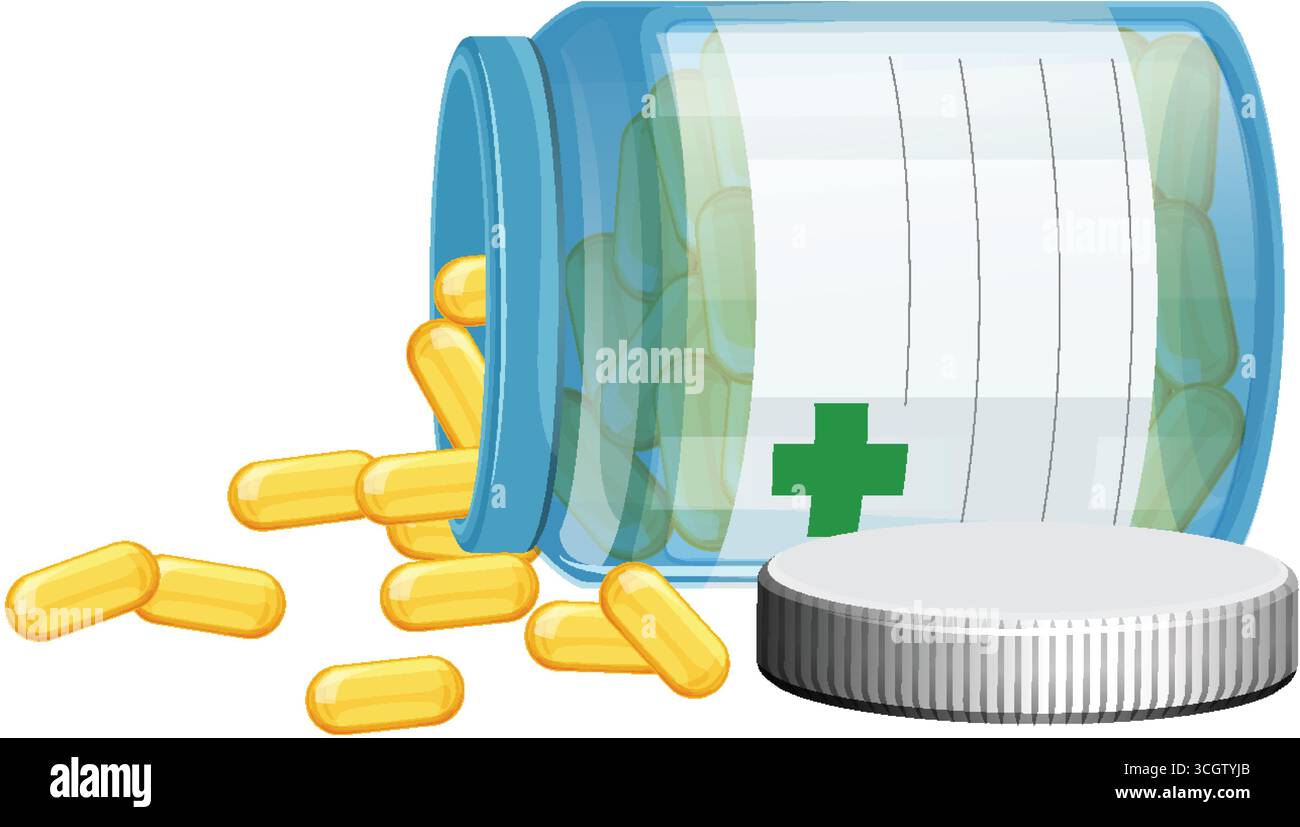 Vector illustration of transparent pill bottle tipped over, yellow ...