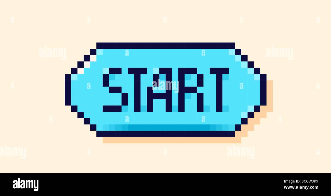 Pixel art blue button with the word start. Stock Vector