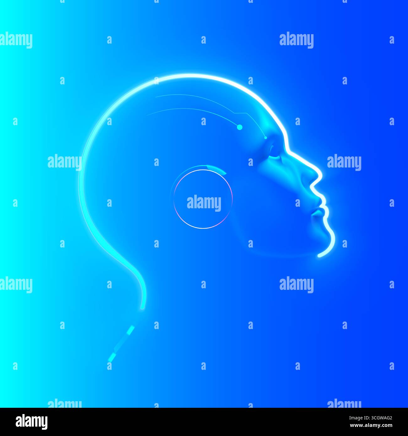AI. AGI. Artificial intelligence in human face or head concept. Glowing neon silhouette of the head of a wise Artificial Intelligence or AGI on a blue Stock Vector