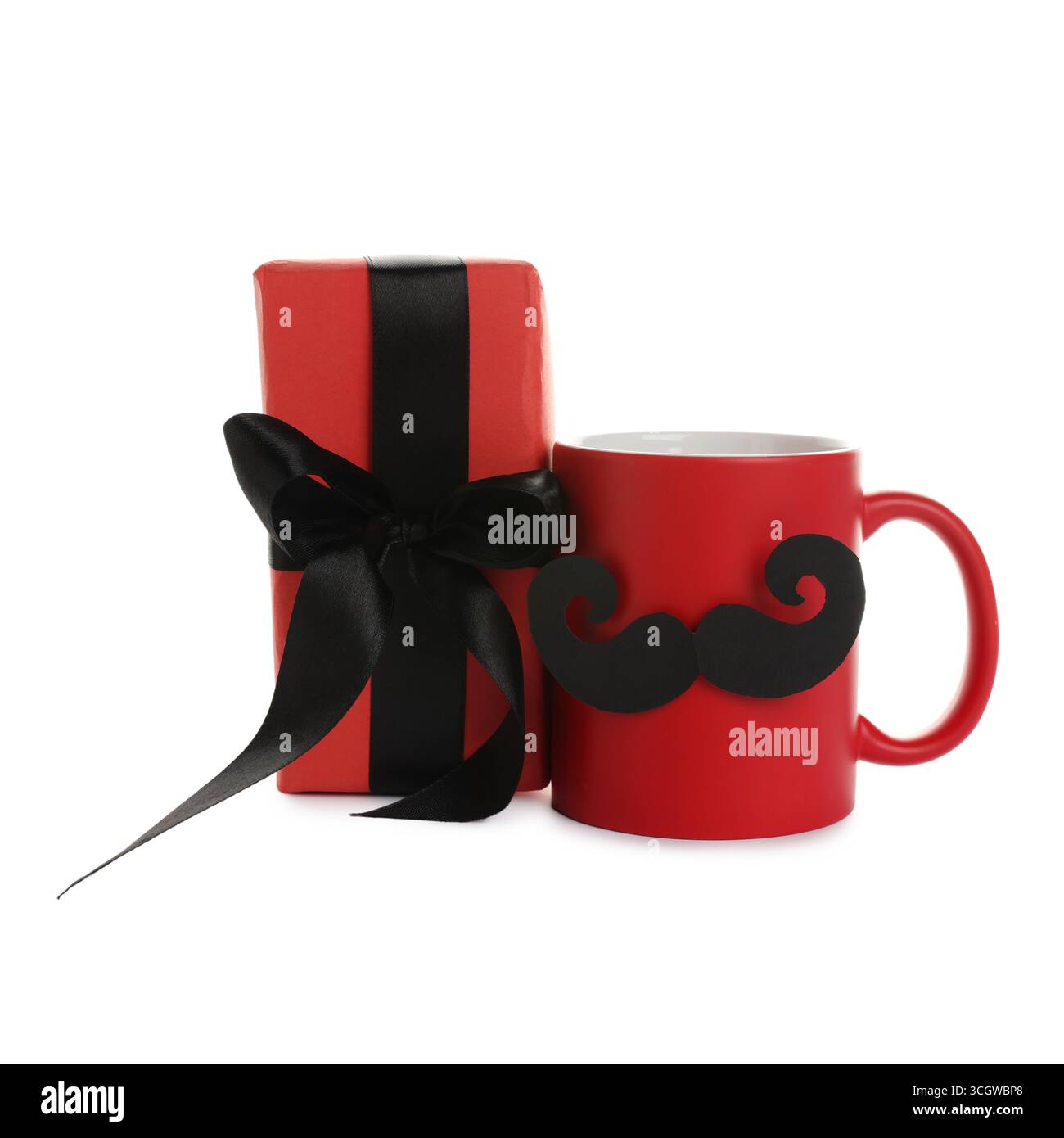 Happy Father's Day. Cup with mustache and gift box isolated on white Stock Photo