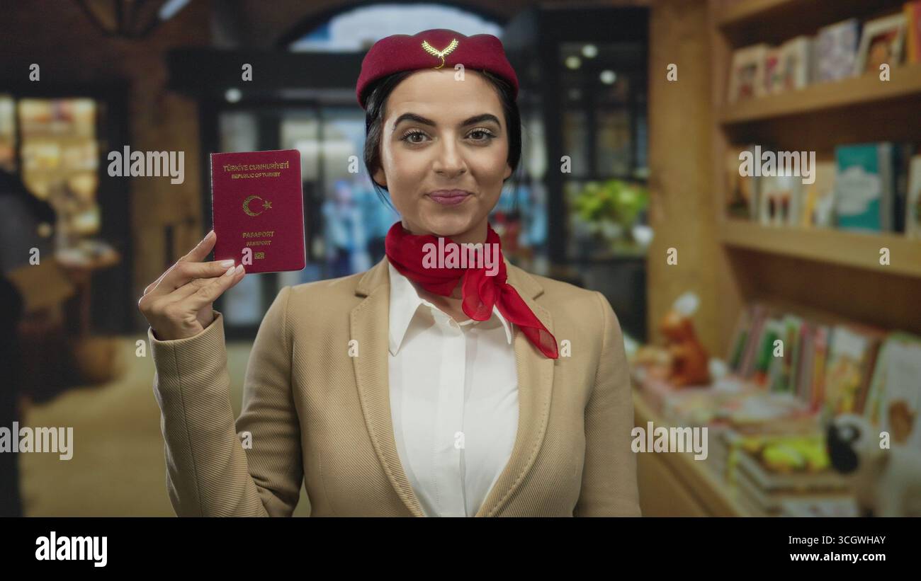 Woman flight attendant holding turkish passport standing in library ...