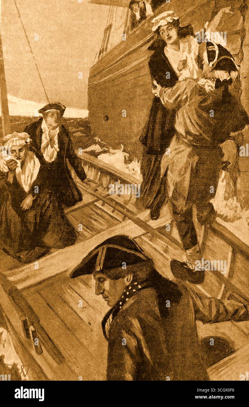 A woman passenger alighting from a sailing ship into a small shore boat - 1700s Stock Photo