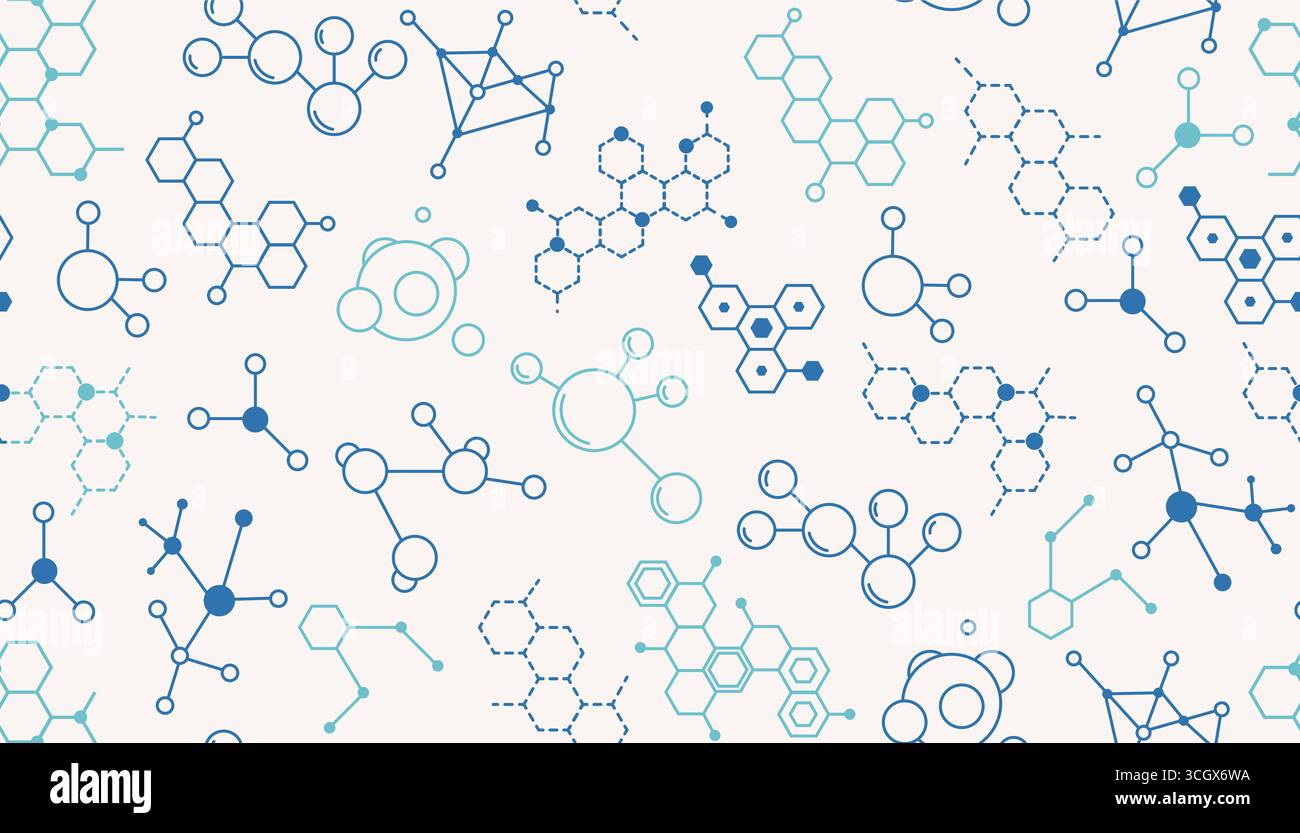 Seamless pattern with thin line molecular structures on light background. Modern abstract design for technology and chemistry, medicine and science, r Stock Vector
