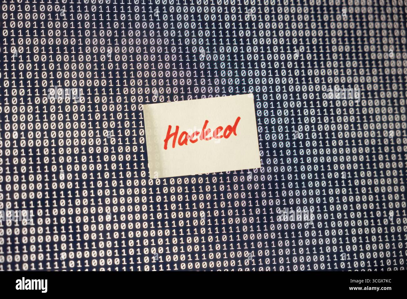 Computer hacked, note on the screen of a laptop, warning sign. Computer error, note on the screen of a laptop, warning sign. Defect, malfunction, error, interruption, binary code, failure, noise, break down, computer bug, interference, device screen. technology_computer_hacked_B97A8636 Stock Photo