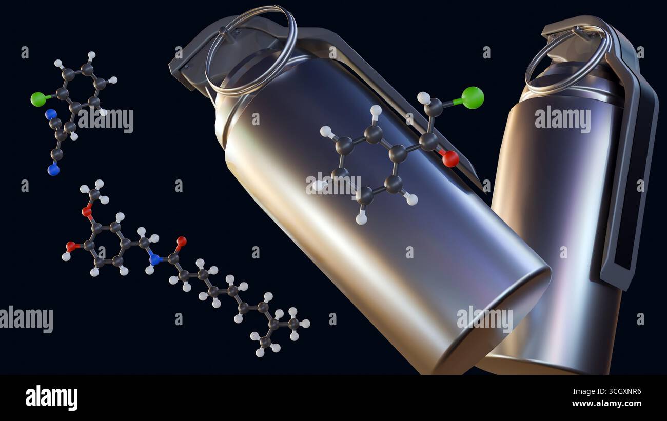 A 3d rendering of polished metallic tear gas canister and several 3D ...