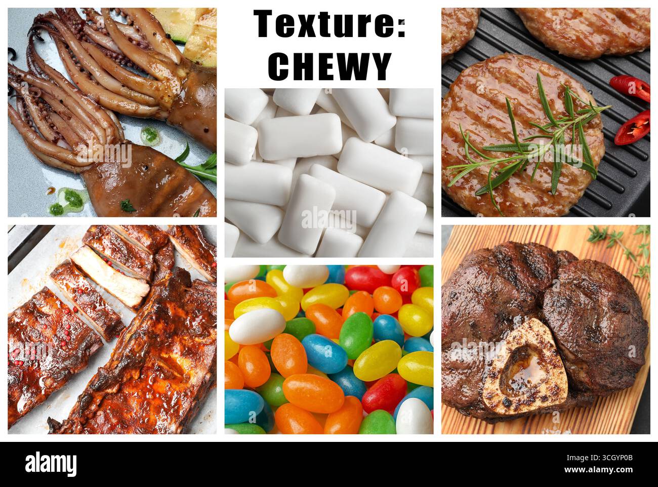 Food with chewy texture. Dishes, gum and candies, collage Stock Photo ...