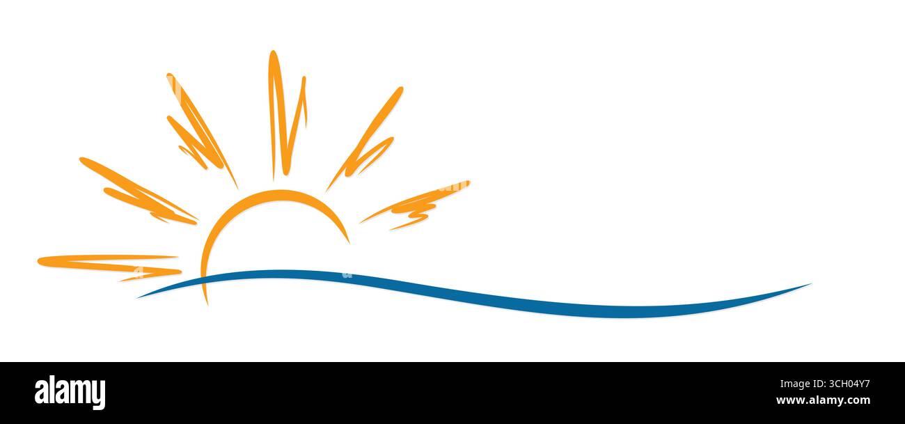 Stylized sun symbol with blue wave. Stock Vector