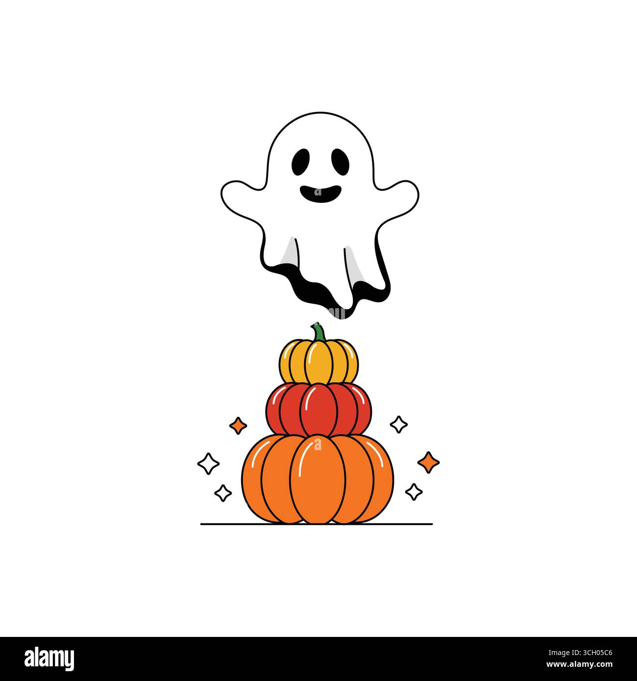 Cute ghost floating over a stack of pumpkins a simple Halloween illustration vector Stock Vector