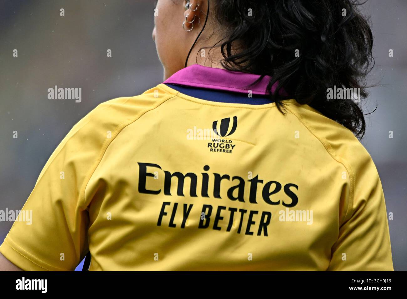 Northampton, United Kingdom. 30th Aug, 2025. Womens Rugby World Cup. England V Samoa. Franklins Gardens. Northampton. The Emirates logo on the back of the officials shirts during the England V Samoa Womens Rugby World Cup, pool A, rugby match. Credit: Sport In Pictures/Alamy Live News Stock Photo
