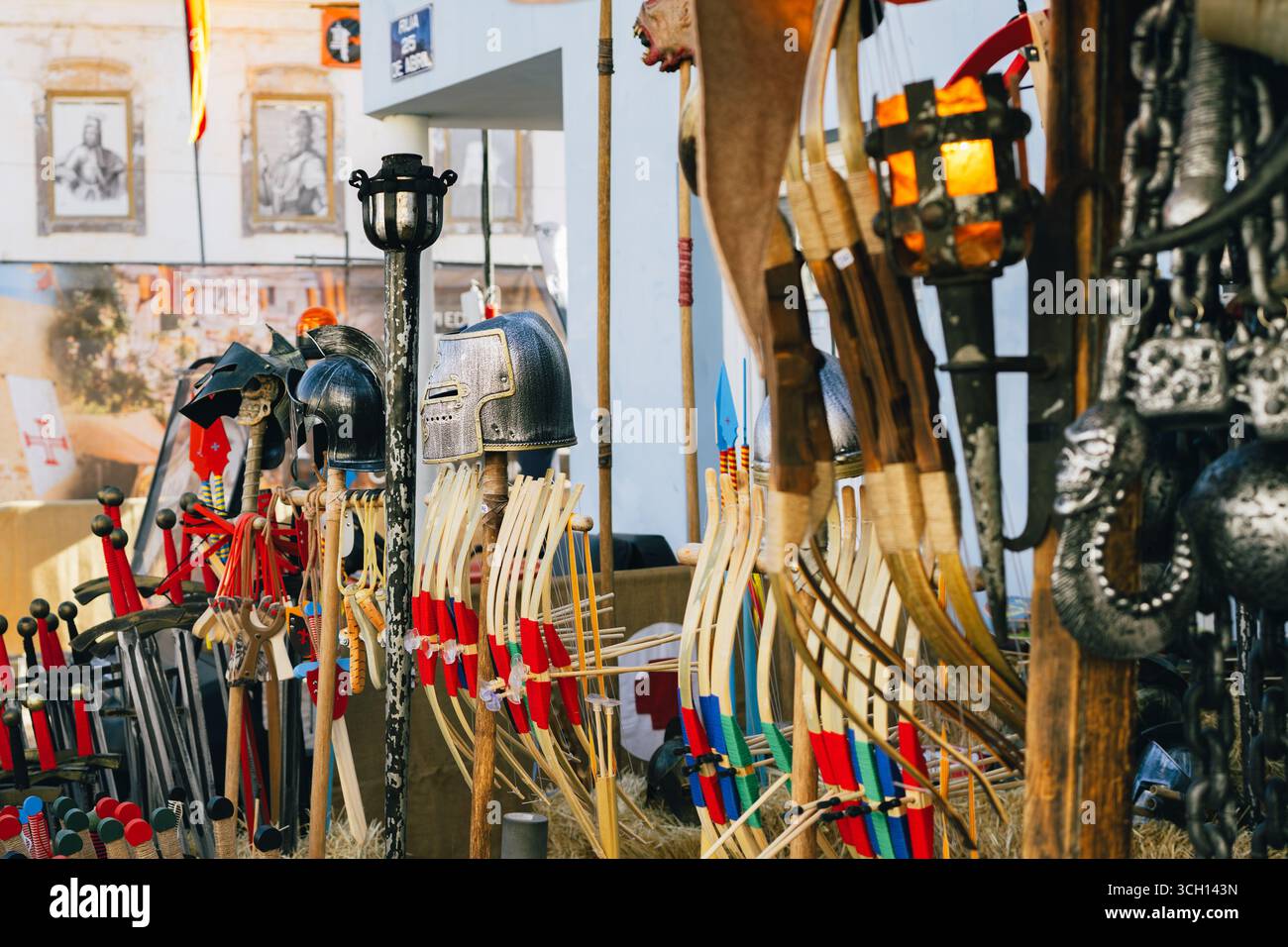 Castro Marim, Portugal, August 29, 2025. Toy swords, helmets, bows, and ...