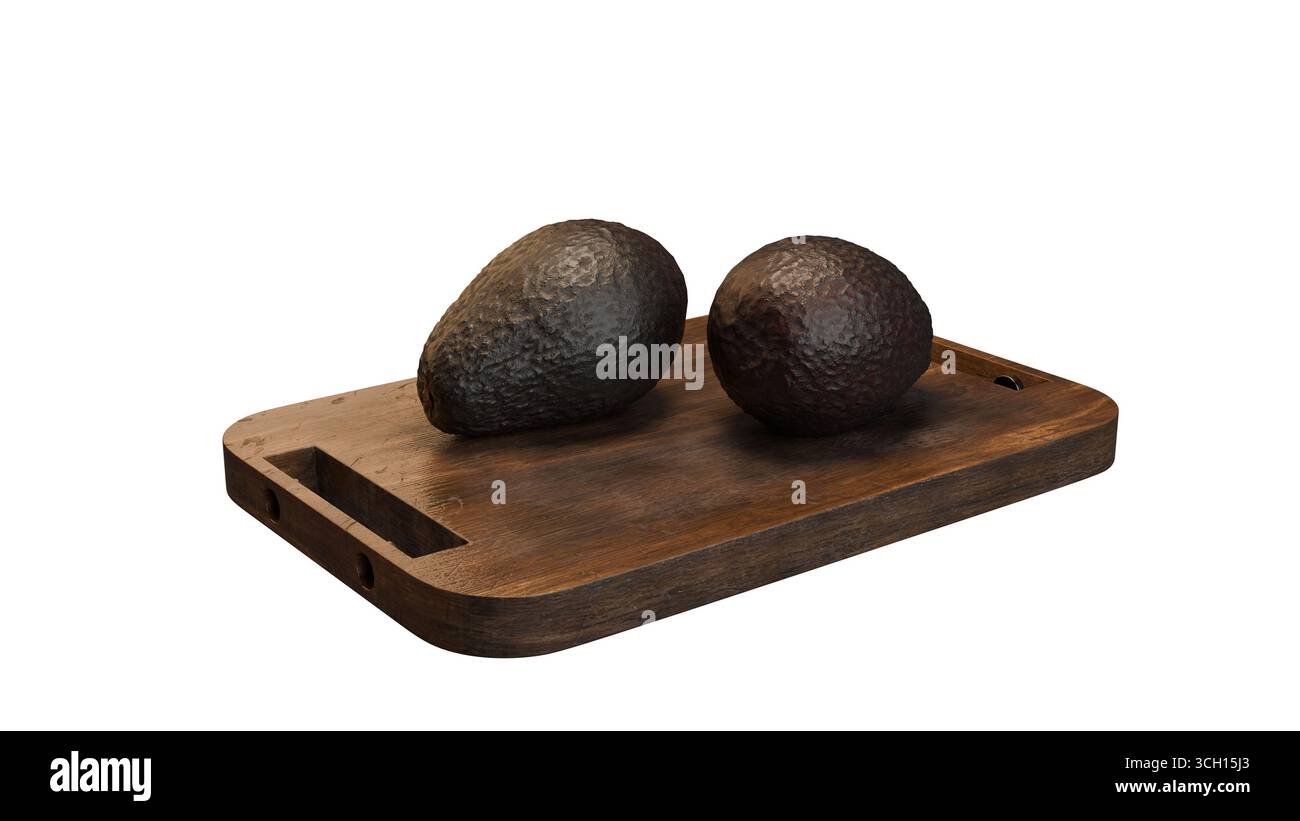 A crisp 3D render of two avocados on a wooden cutting board with a white background, ideal for e-commerce listings and food packaging visuals. Stock Photo