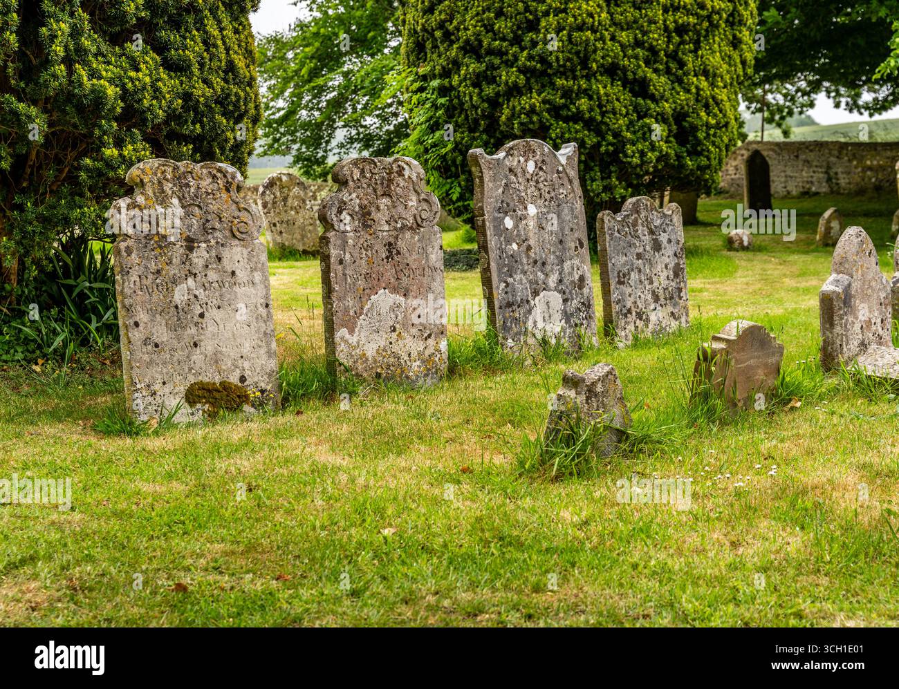Graveyard around St Peter's Church, historic Norman architecture near Monk's House where writer Virginia Woolf lived, in East Sussex, United Kingdom. Stock Photo