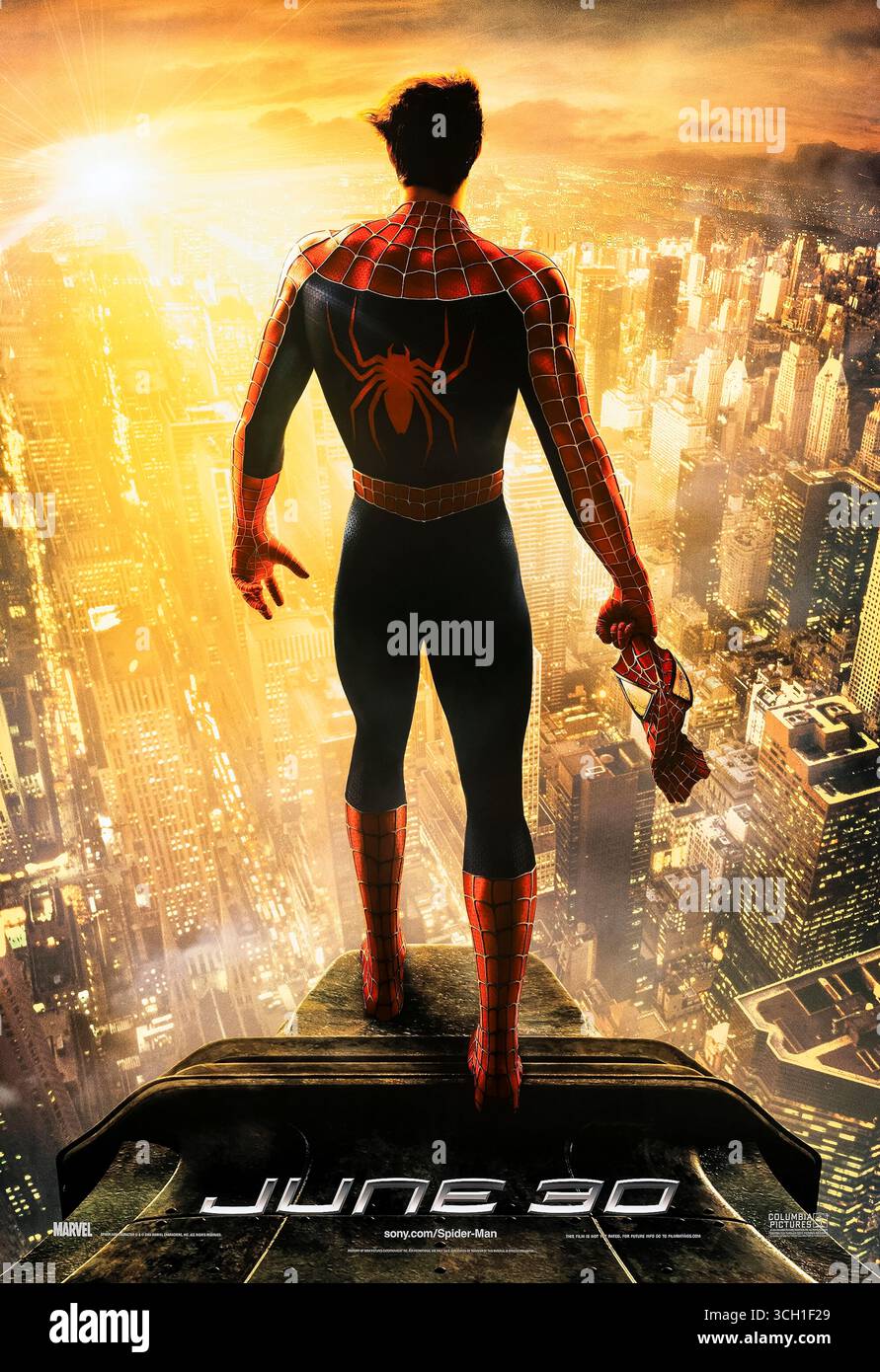 Spider-Man 2 (2004) directed by Sam Raimi and starring Tobey Maguire, Kirsten Dunst and Alfred Molina. Peter Parker struggles with his dual life as Doctor Octopus threatens New York with a dangerous fusion experiment. Photograph of an original 2004 US advance poster EDITORIAL USE ONLY. Credit: BFA / Sony Pictures Releasing Stock Photo