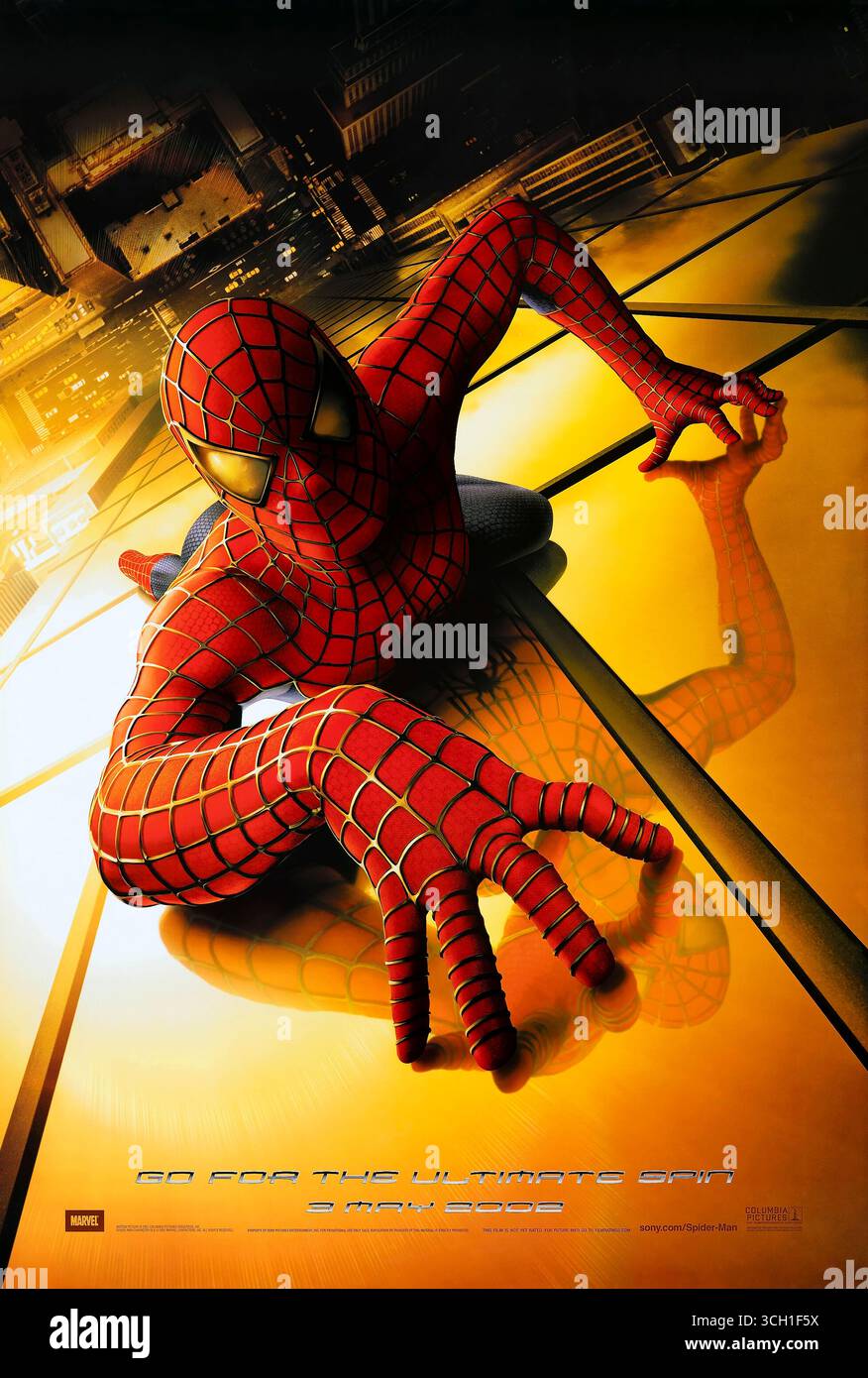 Spider-Man (2002) directed by Sam Raimi and starring Tobey Maguire, Kirsten Dunst and Willem Dafoe. A high-school student gains spider-like powers and vows to fight crime in New York, facing the Green Goblin. Photograph of an original 2002 US advance poster EDITORIAL USE ONLY. Credit: BFA / Sony Pictures Releasing Stock Photo