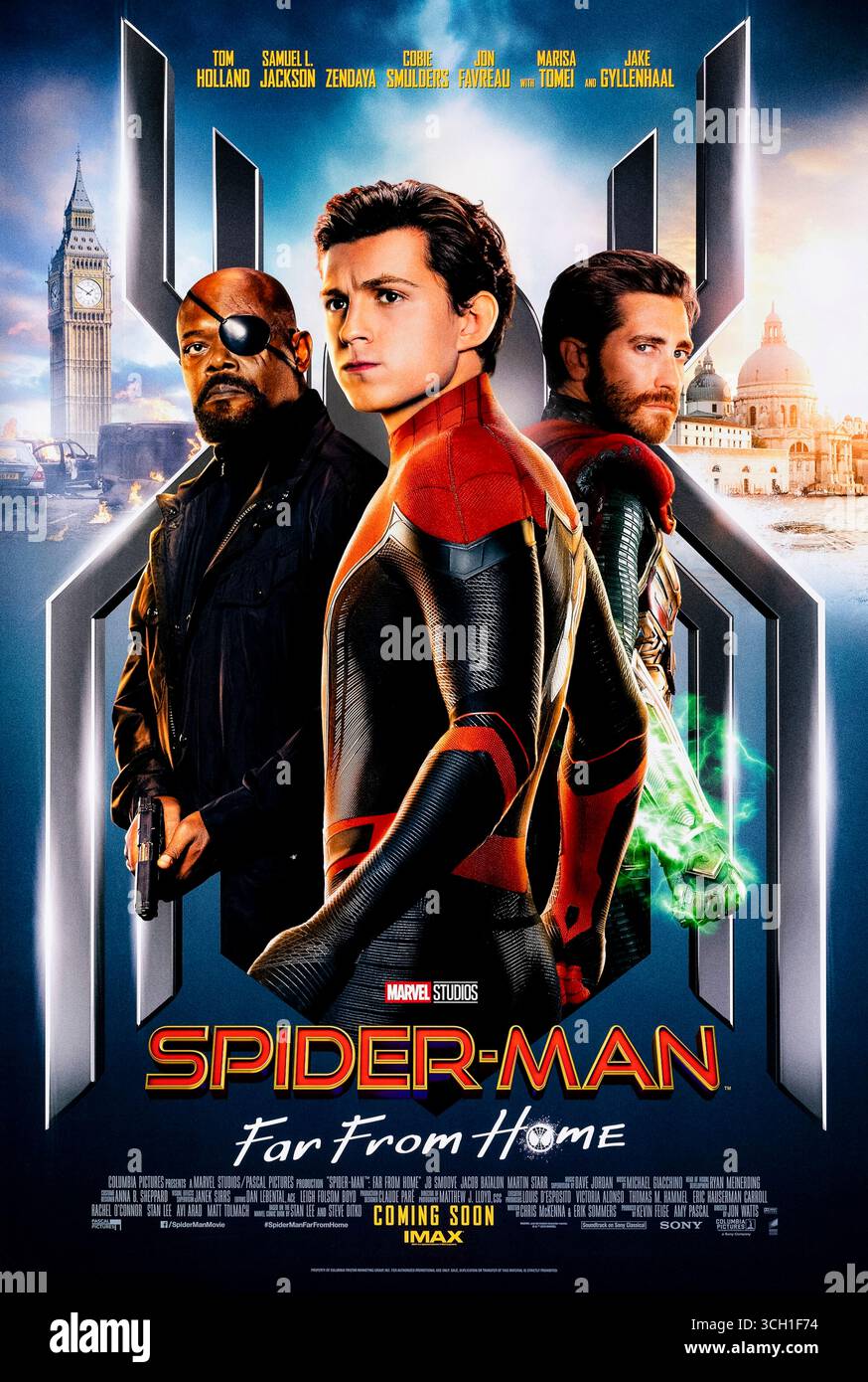 Spider-Man: Far From Home (2019) directed by Jon Watts and starring Samuel L. Jackson, Tom Holland, and Jake Gyllenhaal. Peter Parker’s European school trip is upended when Nick Fury recruits him to battle elemental threats alongside the mysterious Mysterio. Photograph of an original 2019 US one sheet poster EDITORIAL USE ONLY. Credit: BFA / Sony Pictures Releasing Stock Photo