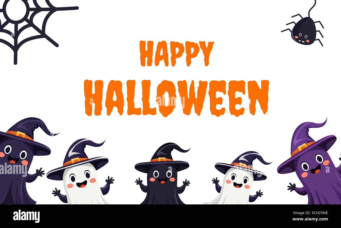 Ready-made Happy Halloween card template with cute smiling ghosts with big eyes, spider and spider web on white background. The witch clothes and hat are different colors. Vector illustration Stock Vector