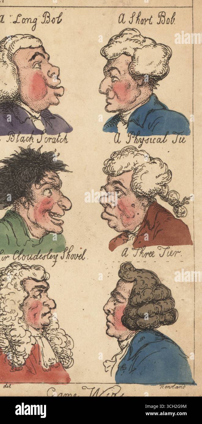 Heads of Regency gentlemen in old wigs that came under the British game laws. Game wigs: Long Bob, Short Bob, Black Scratch, Physical Tie, Sir Cloudesley Shovel and a Three Tier. Handcoloured copperplate engraving by Thomas Rowlandson after an illustration by George Moutard Woodward from Caleb Quizem’s Annals of Sporting, Thomas Tegg, London, 1809. Quizem was the pseudonym of the artist Woodward or the antiquary and dictionary compiler Francis Grose. Stock Photo
